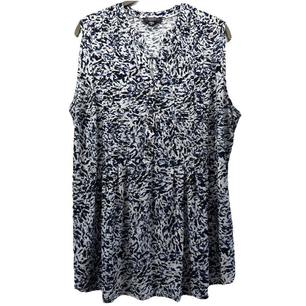 Cocomo Women's Top Size 1X Blue White Paisley Sleeveless Pullover Buttons Ruffle